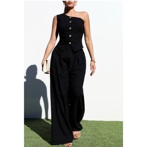 NWOT Black One-Shoulder Pantsuit Set